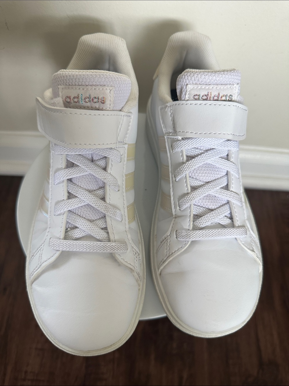 adidas Kids White Sneakers with Iridescent Pink-Orange Stripes - Picture 7 of 7